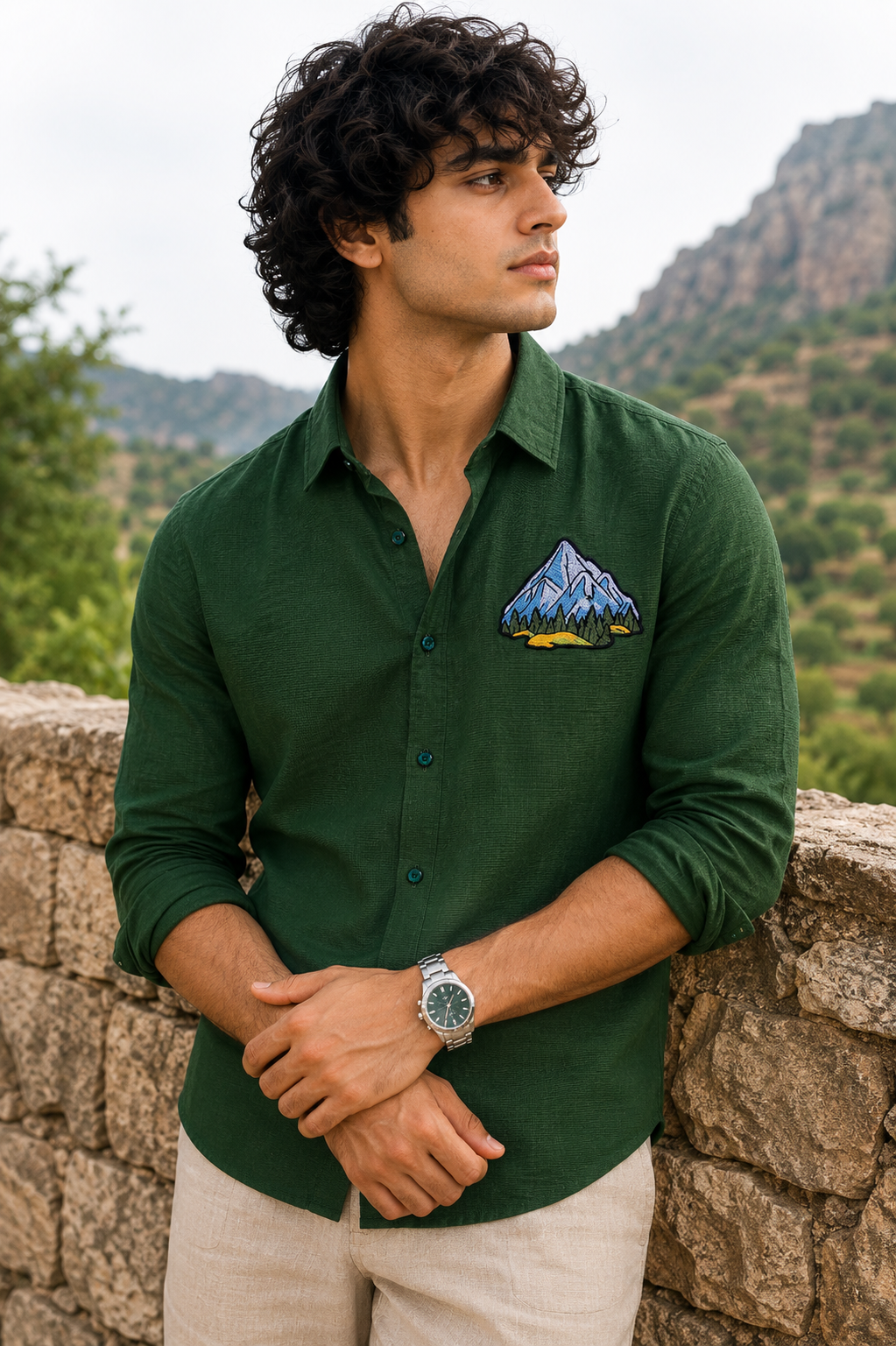 Goamen Alpine Peak Embroidered Linen Shirt – Forest Green