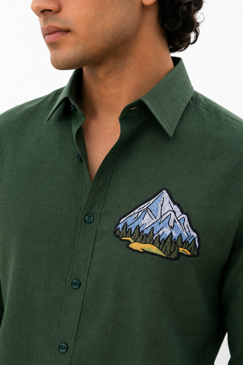 Goamen Alpine Peak Embroidered Linen Shirt – Forest Green