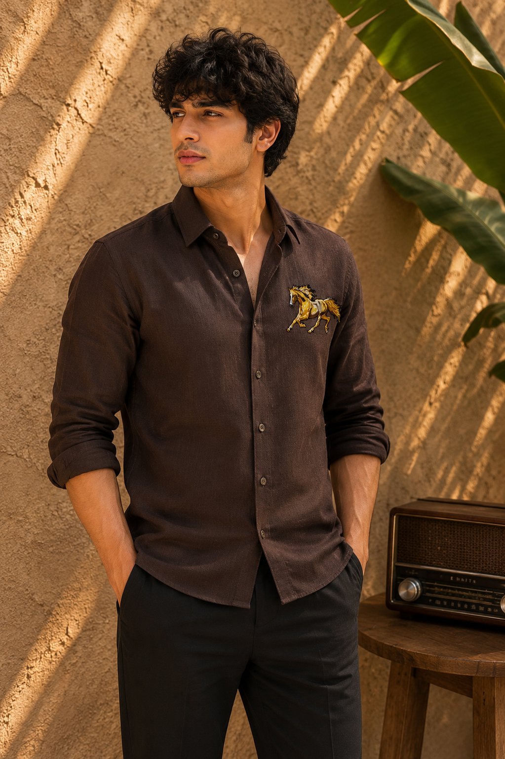 Goamen Majestic Stallion Embroidered Linen Shirt – Espresso Brown