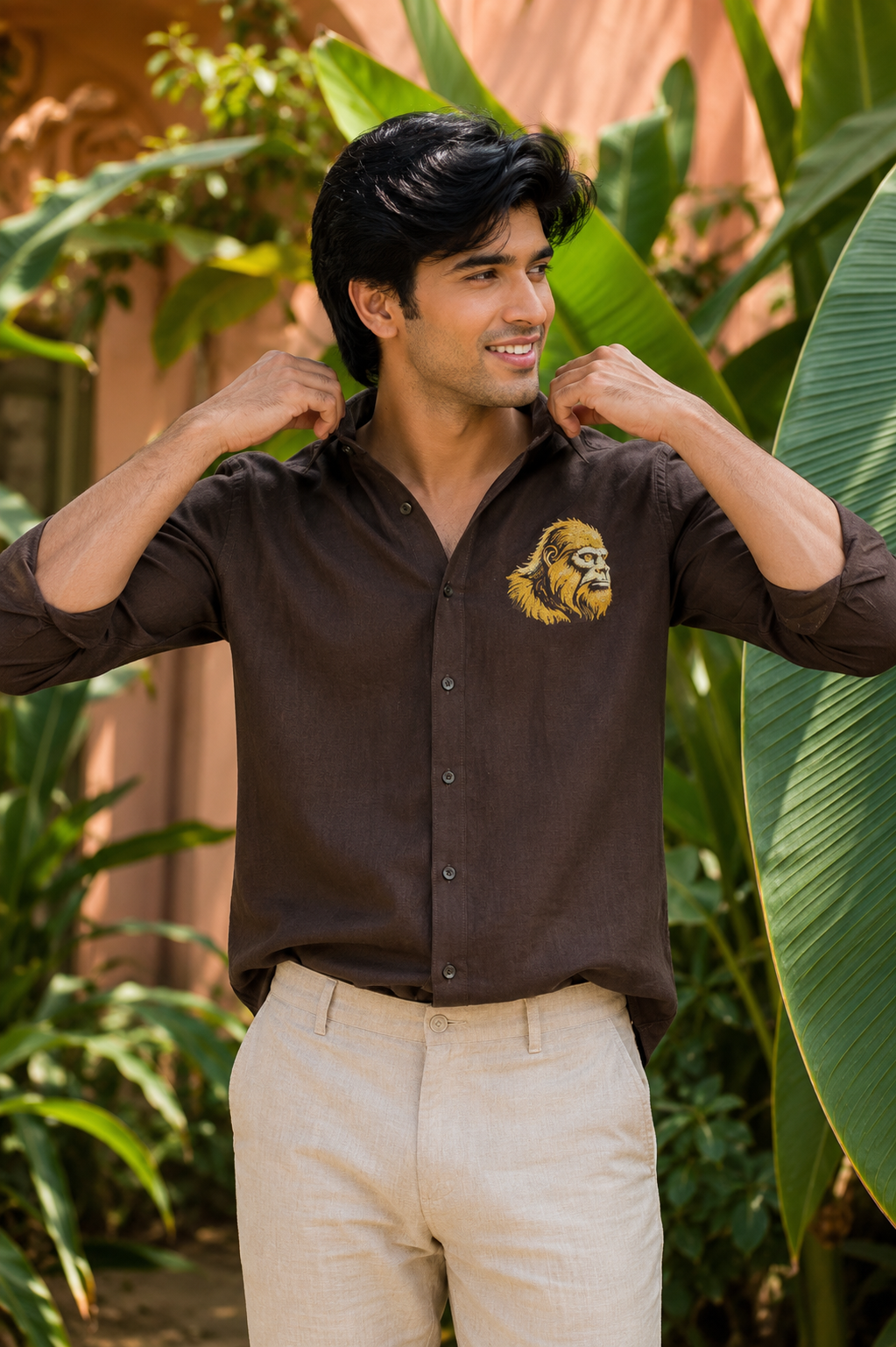 Goamen Golden Gorilla Embroidered Linen Shirt – Espresso Brown