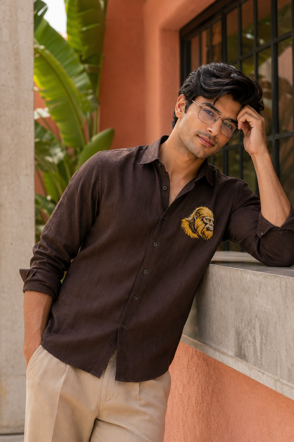 Goamen Golden Gorilla Embroidered Linen Shirt – Espresso Brown