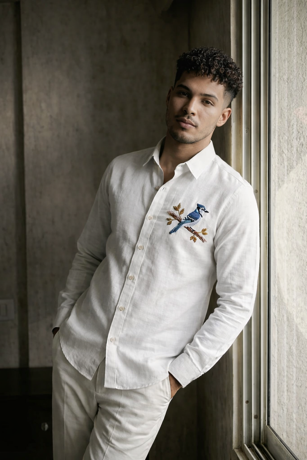 Goamen Blue Sparrow White Linen Shirt