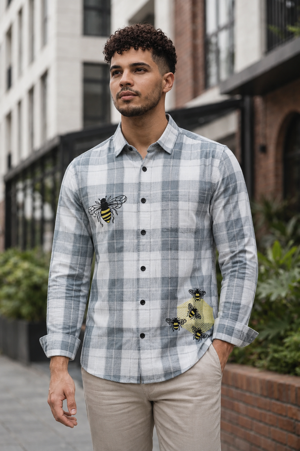 Goamen Grey Bee Embroidered Premium Checks Shirt