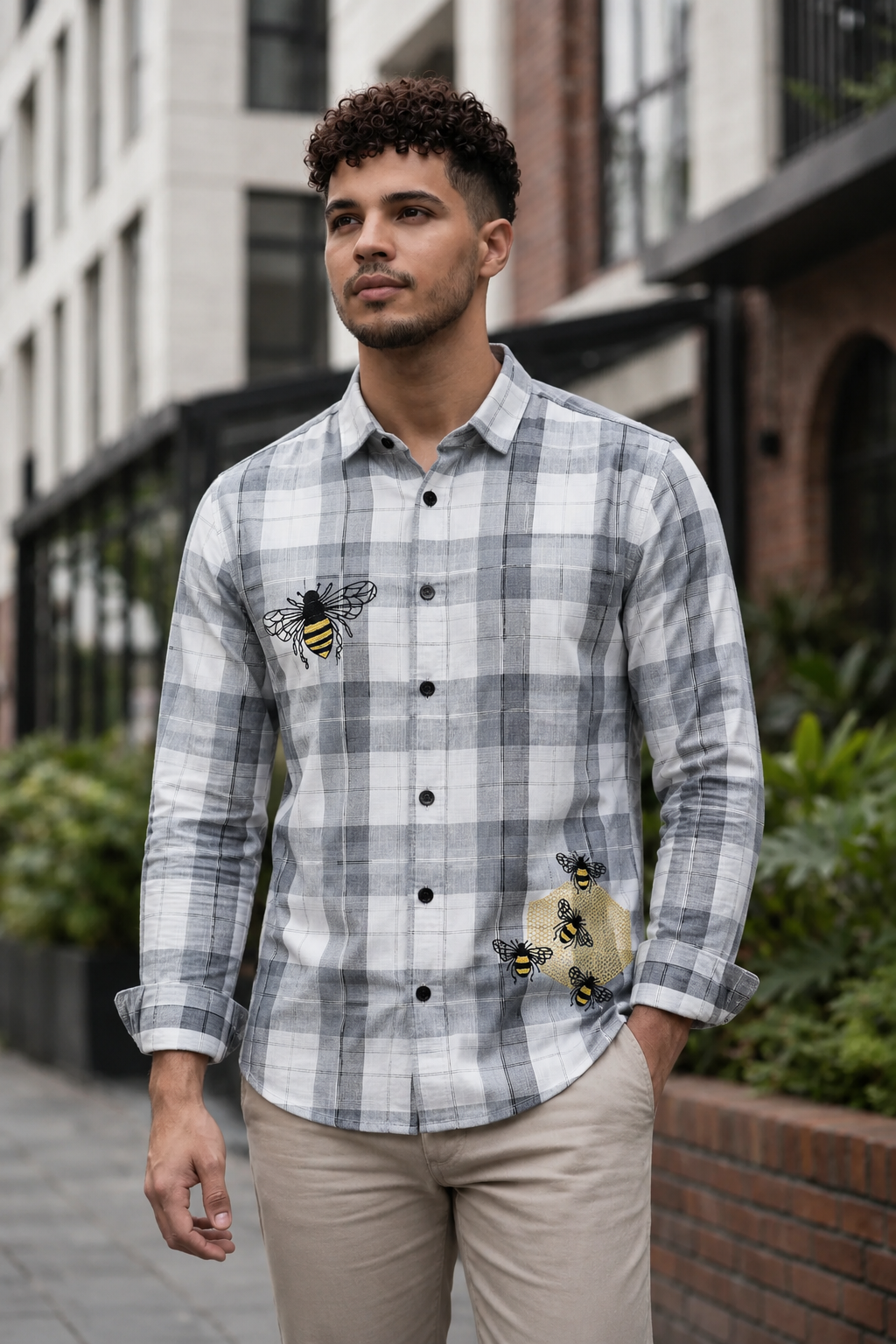 Goamen Grey Honeycomb Embroidered Checks Shirt