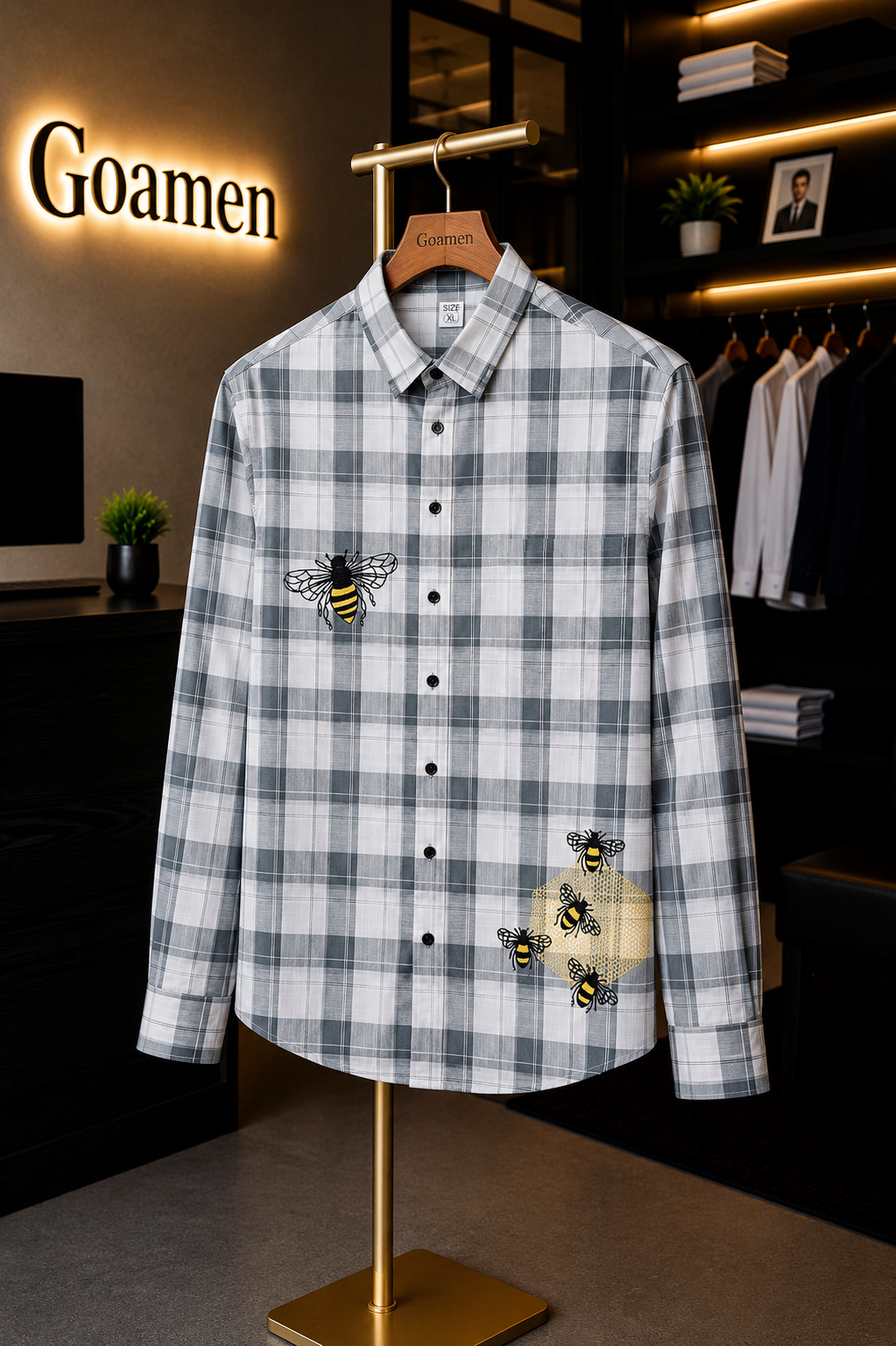 Goamen Grey Bee Embroidered Premium Checks Shirt