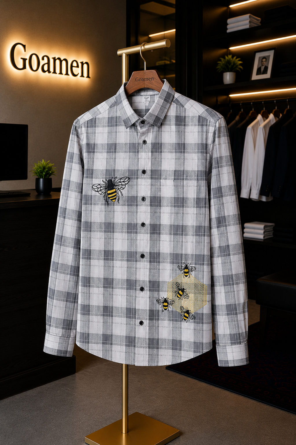 Goamen Grey Honeycomb Embroidered Checks Shirt