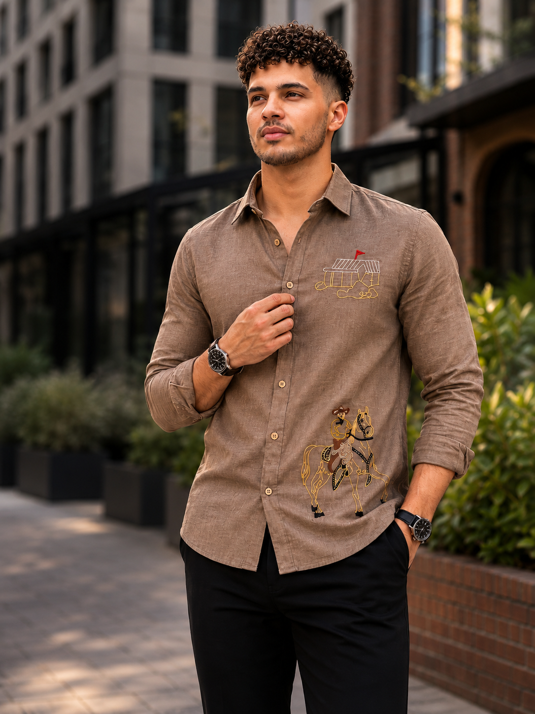 Goamen Heritage Brown Horse Rider Embroidered Linen Shirt