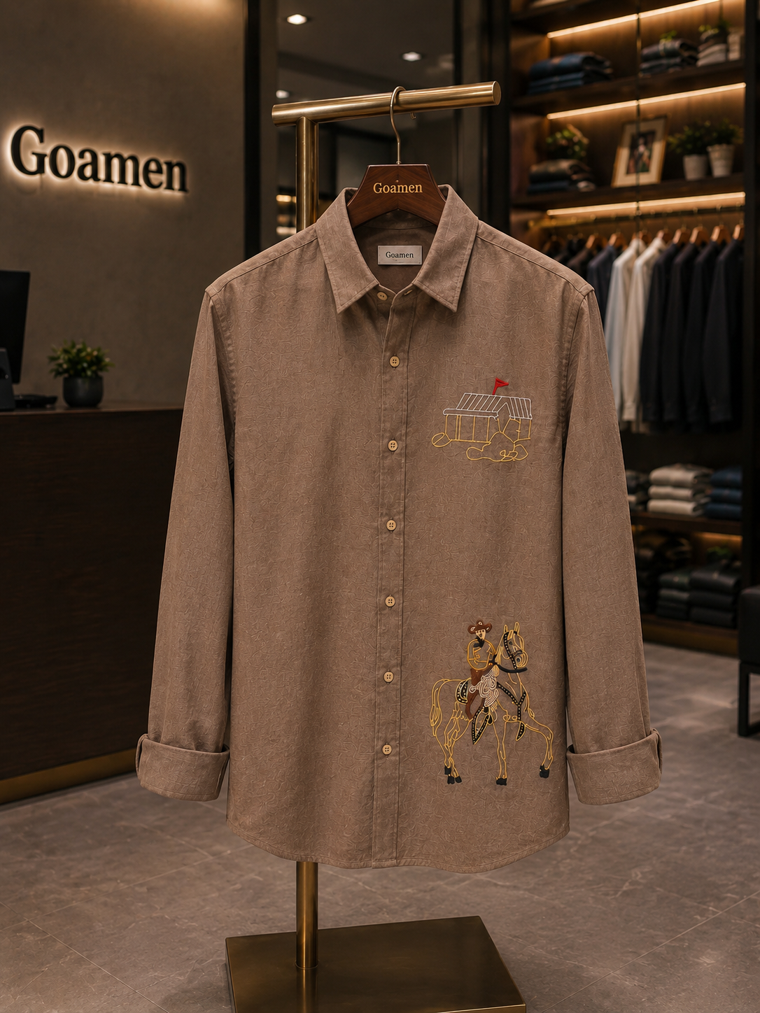 Goamen Heritage Brown Horse Rider Embroidered Linen Shirt