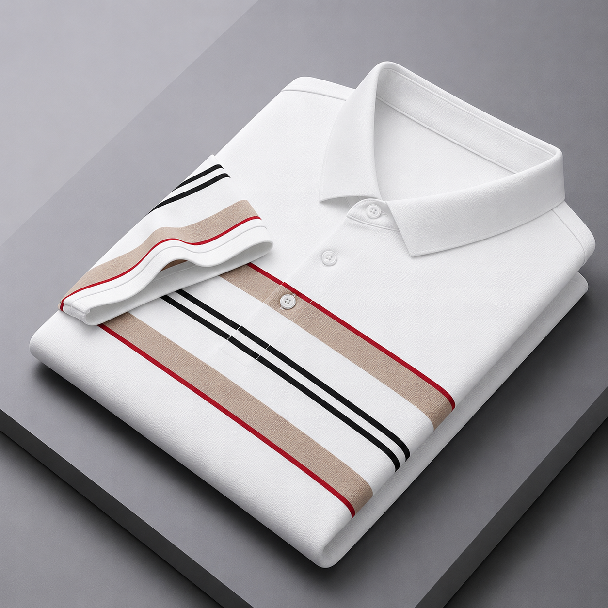 Men’s White Beige Red Striped Polo T-Shirt