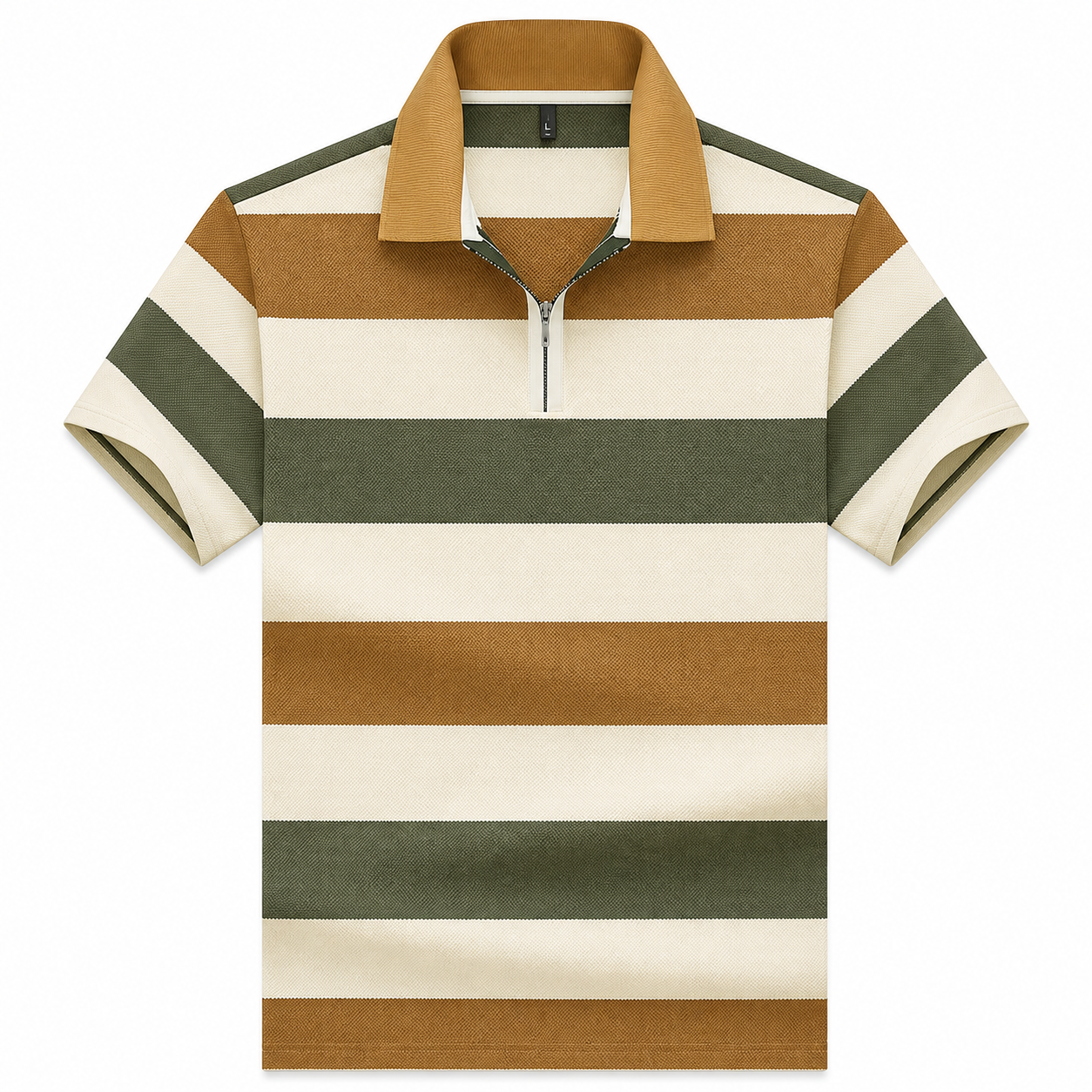 Men’s Olive Tan Striped Half-Zip Polo T-Shirt