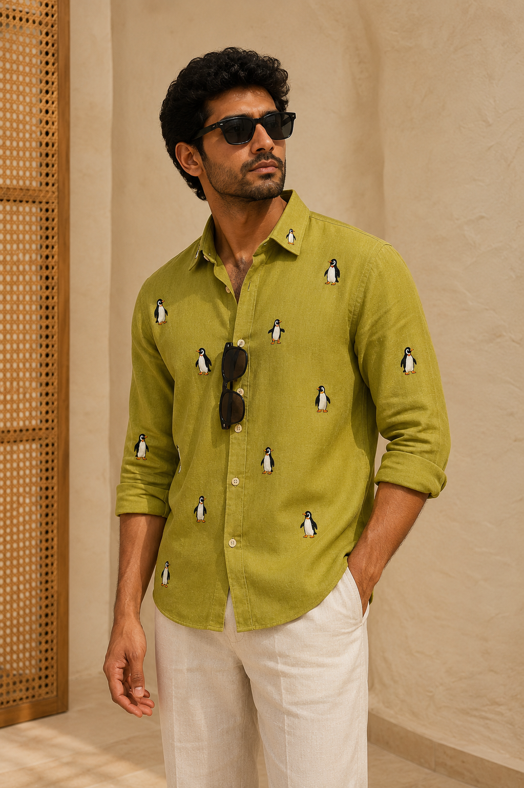 Men’s Lime Green Penguin Embroidered Full Sleeve Shirt