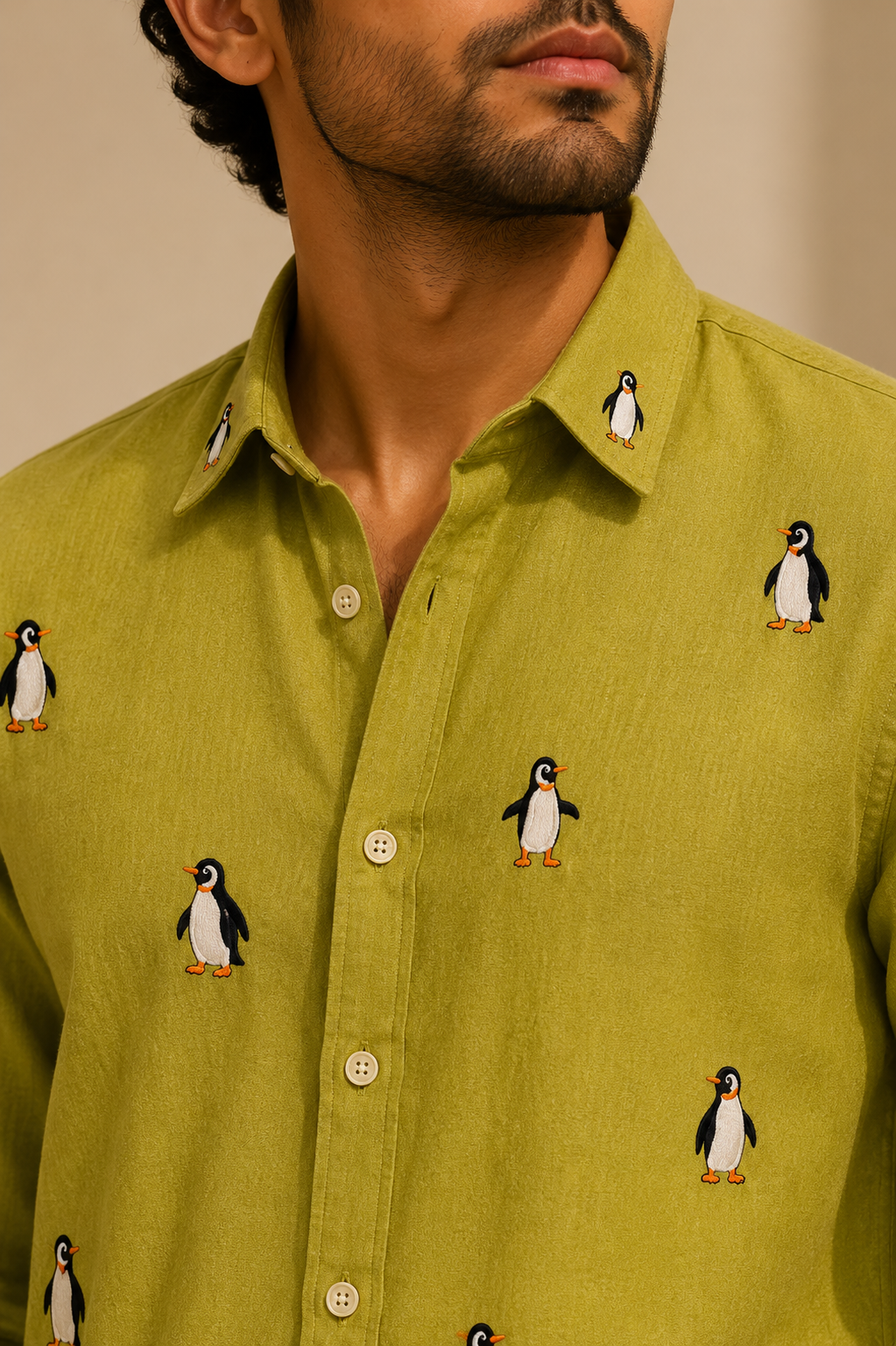 Men’s Lime Green Penguin Embroidered Full Sleeve Shirt