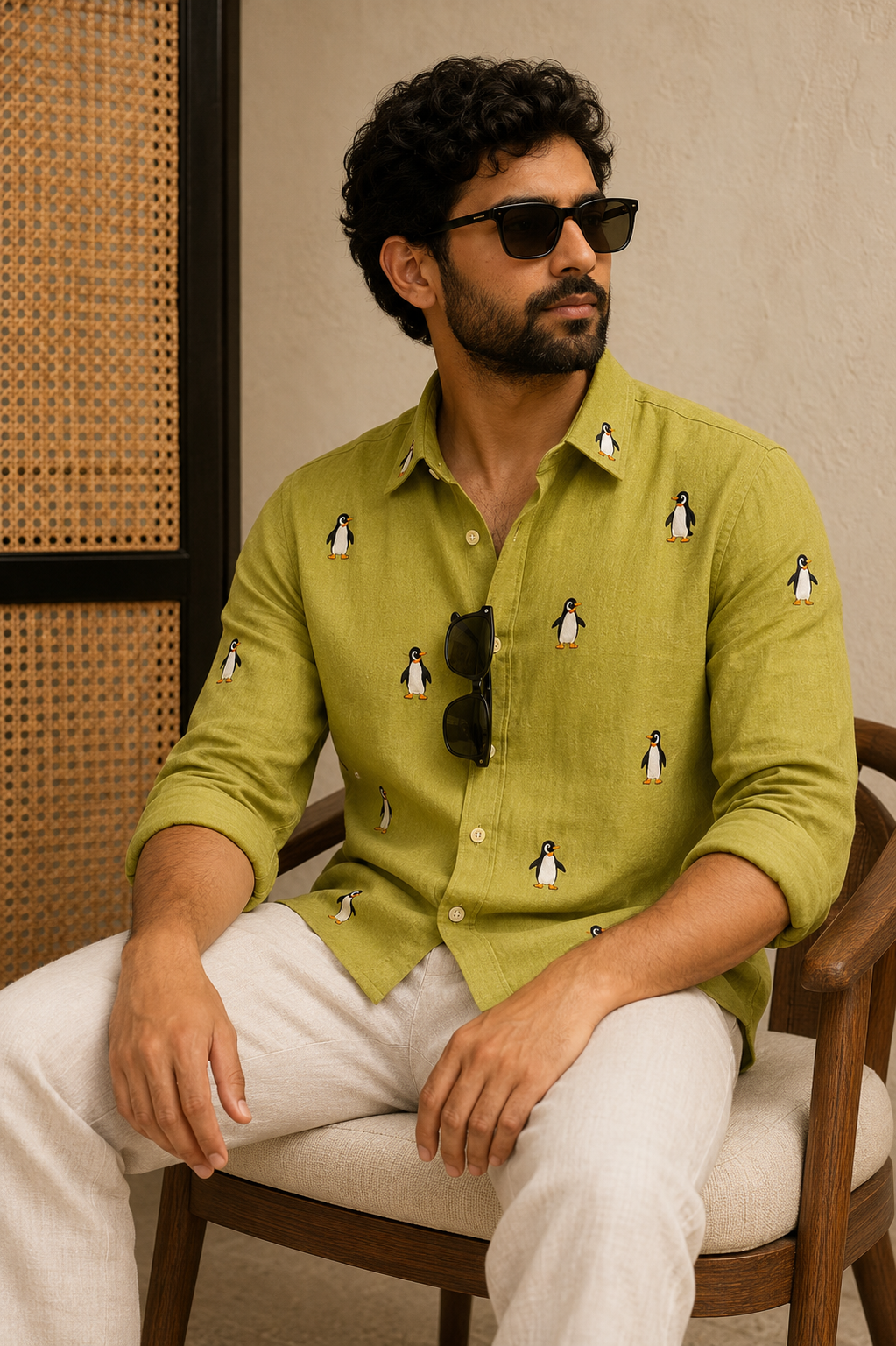 Men’s Lime Green Penguin Embroidered Full Sleeve Shirt