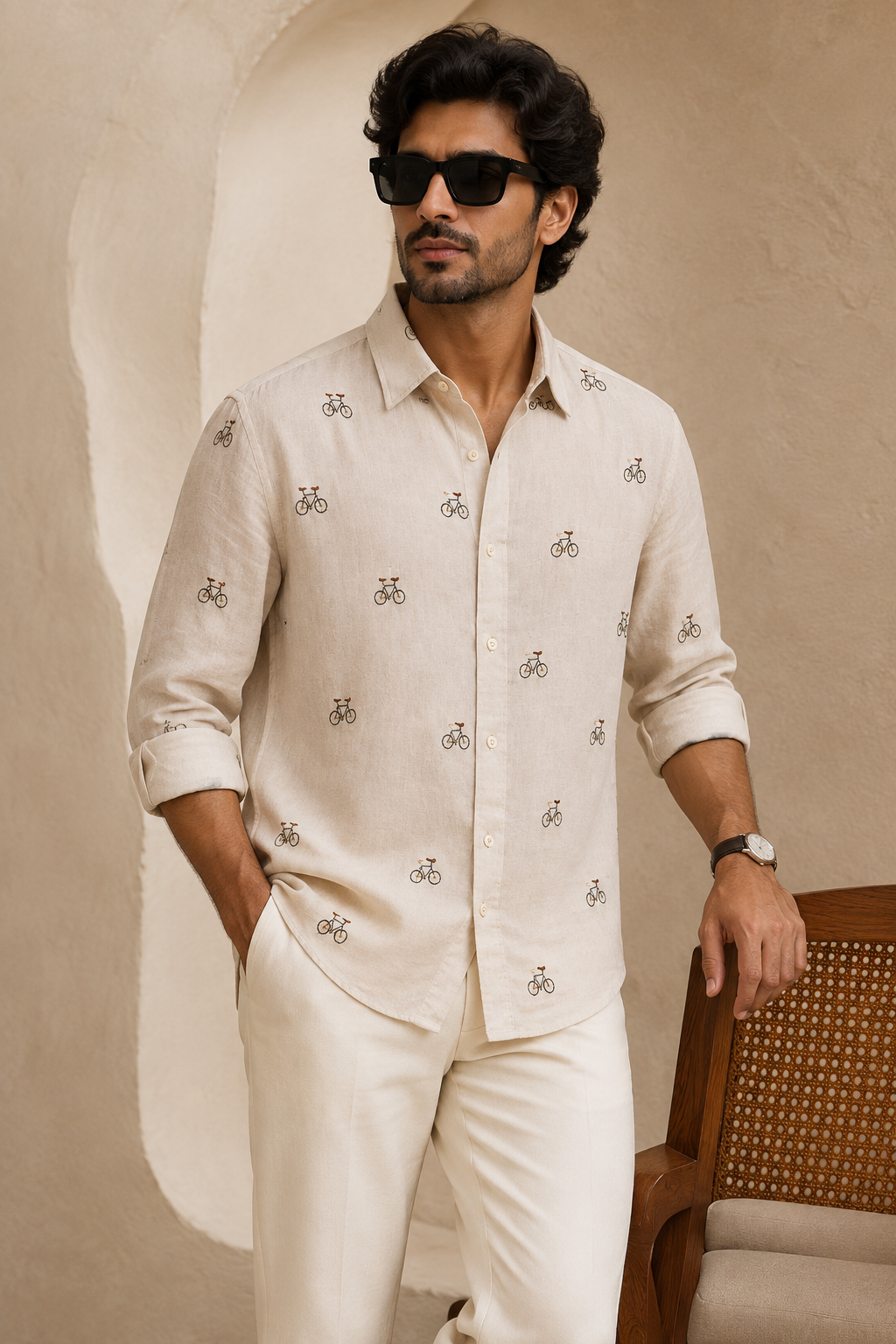 Men’s Cream Bicycle Embroidered Full Sleeve Shirt