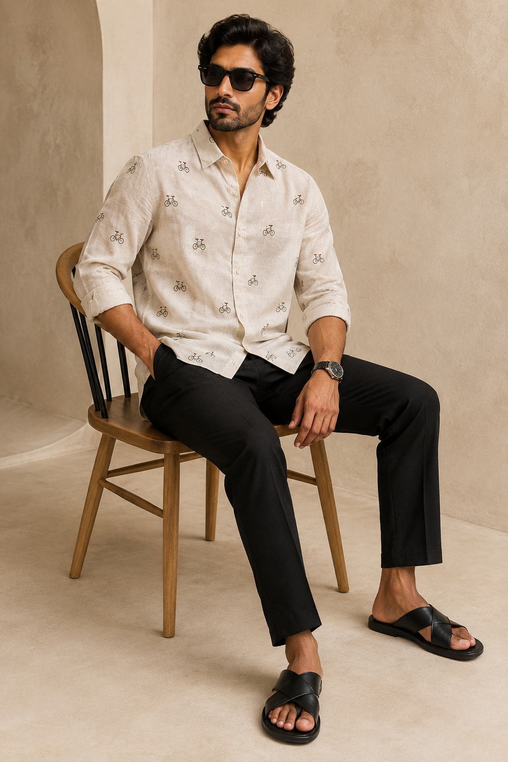 Men’s Cream Bicycle Embroidered Full Sleeve Shirt