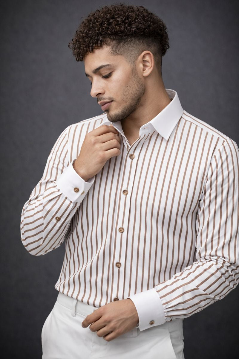 Goamen Premium Brown & White Stripe Formal Shirt