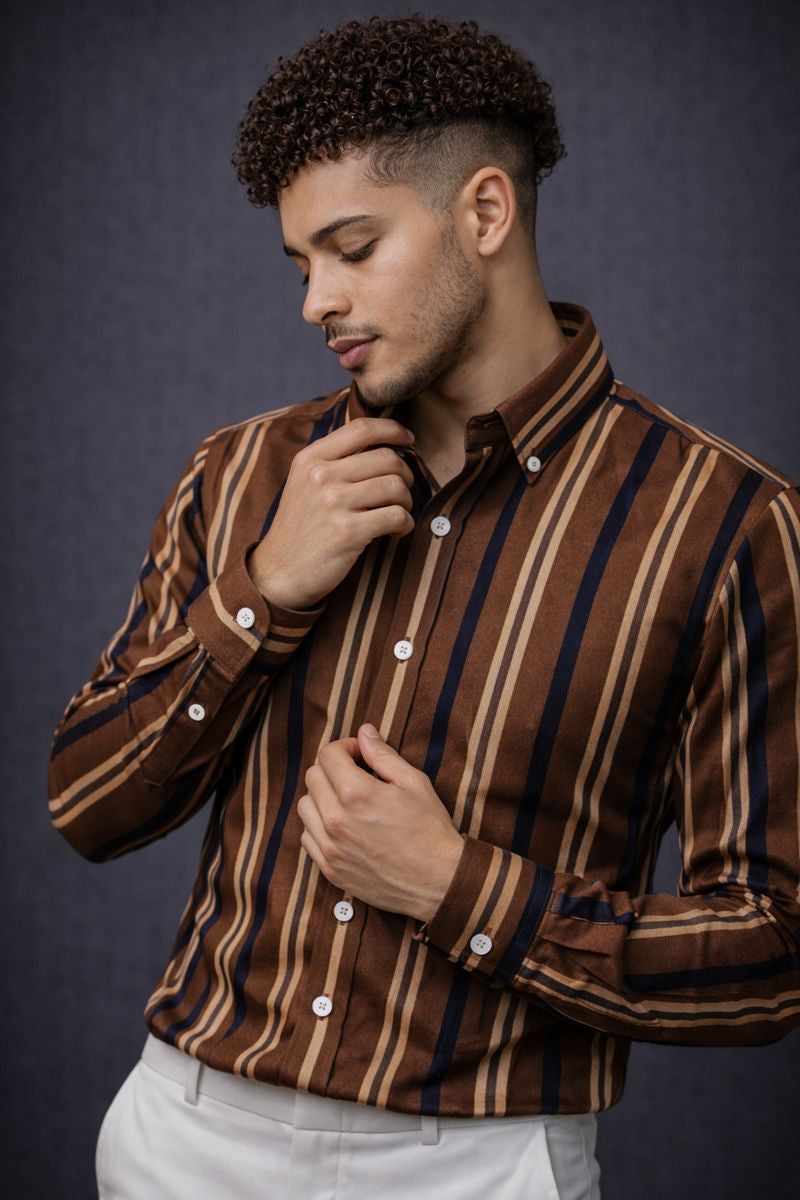 Men's Brown Striped Full Sleeve Shirt - Goamen
