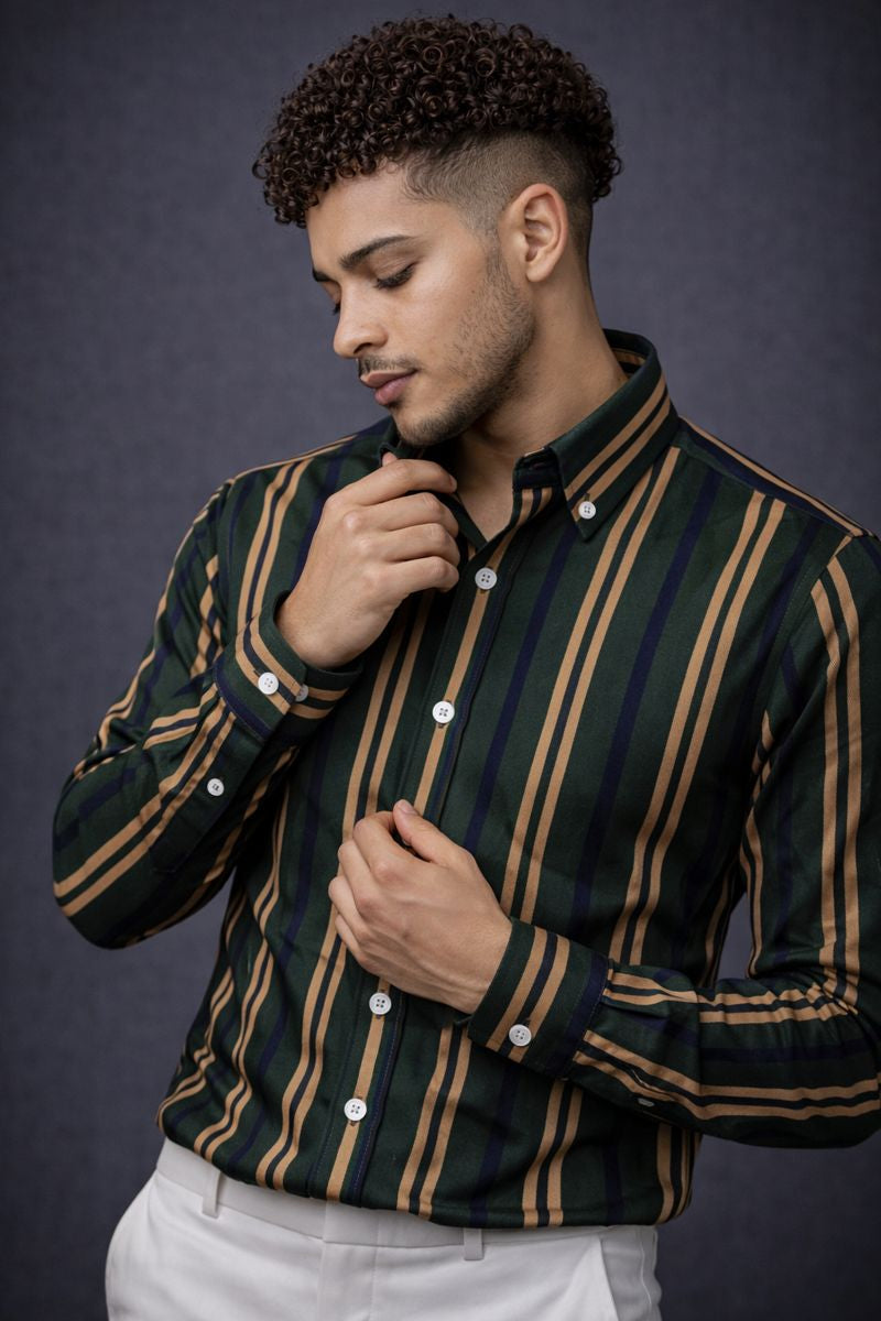 Men's Green Striped Full Sleeve Shirt - Goamen