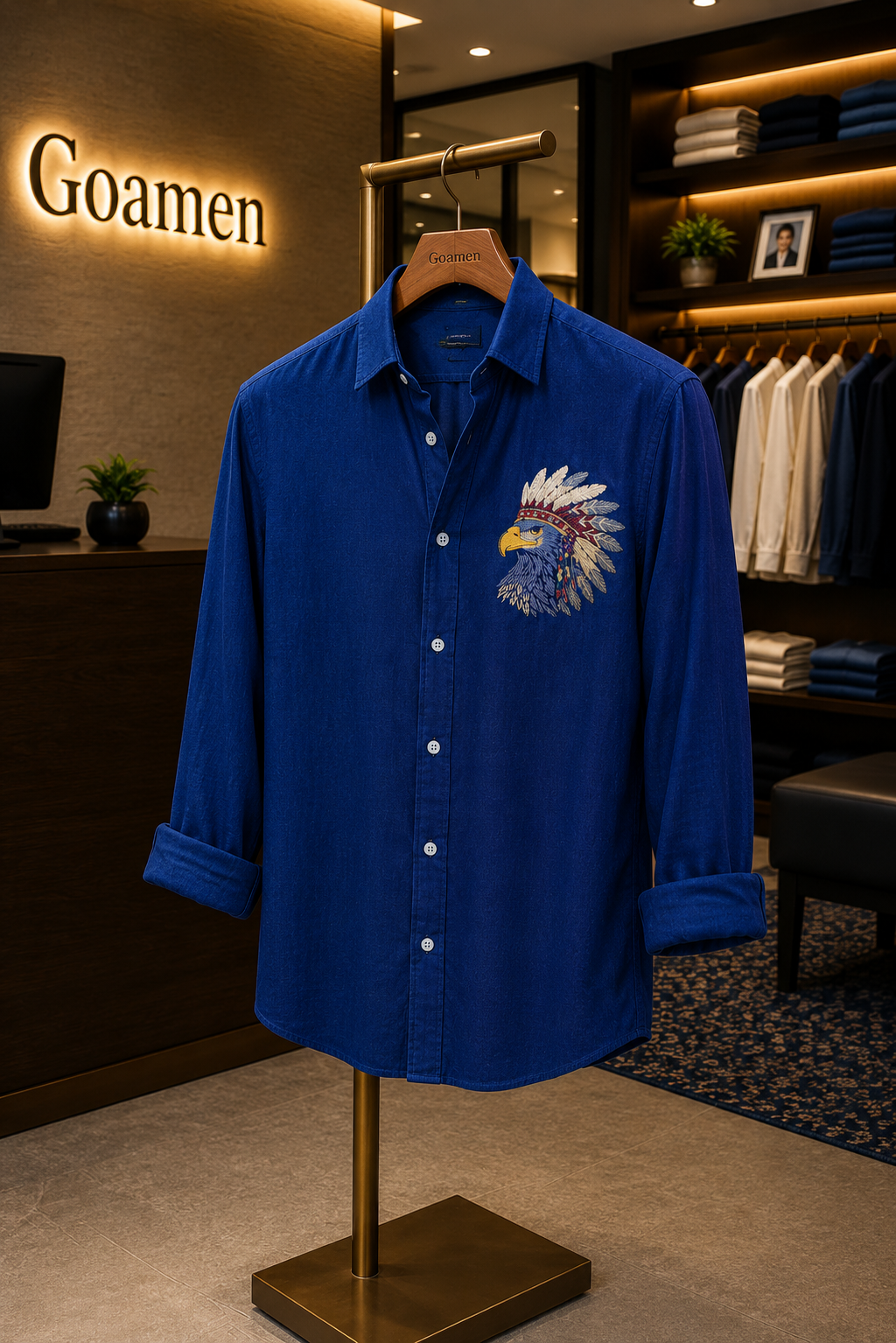 Goamen Royal Eagle Embroidered Linen Shirt – Cobalt Blue