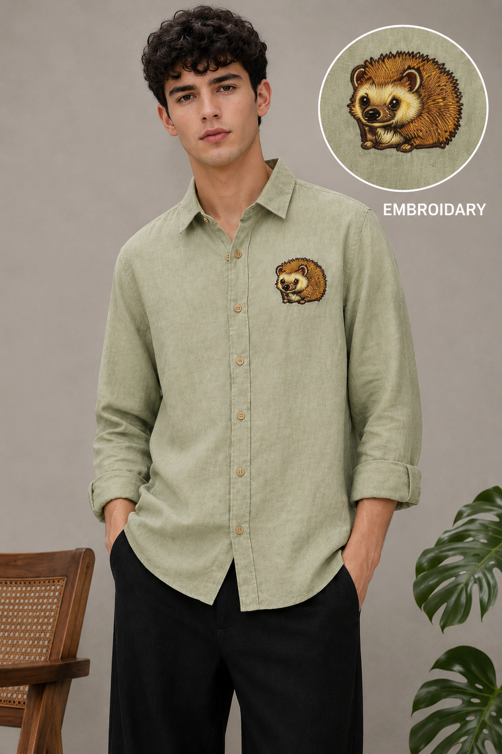 Woodland Charm Embroidered Shirt – Sage Green