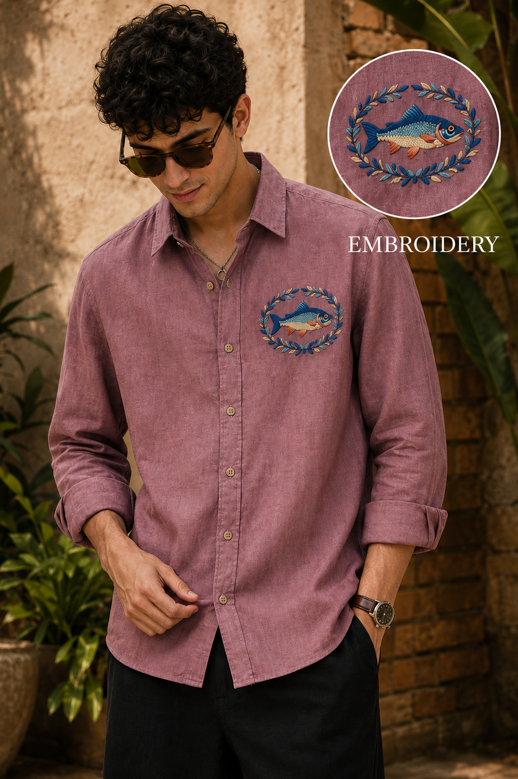 Ocean Crest Embroidered Shirt – Dusty Rose