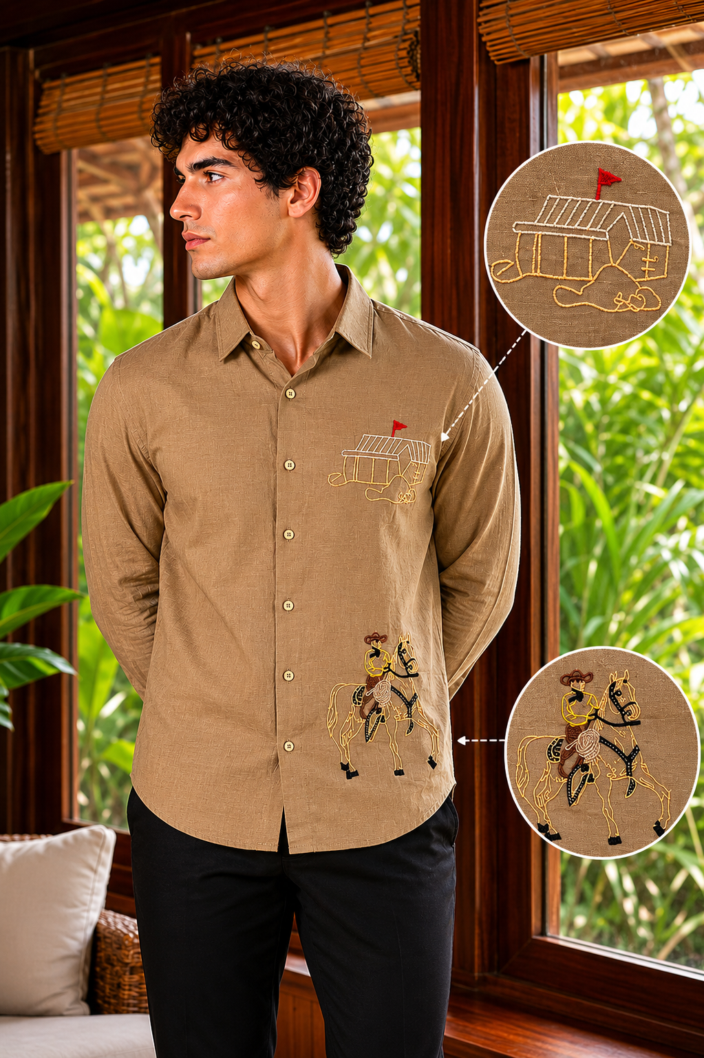 Goamen Heritage Brown Horse Rider Embroidered Linen Shirt