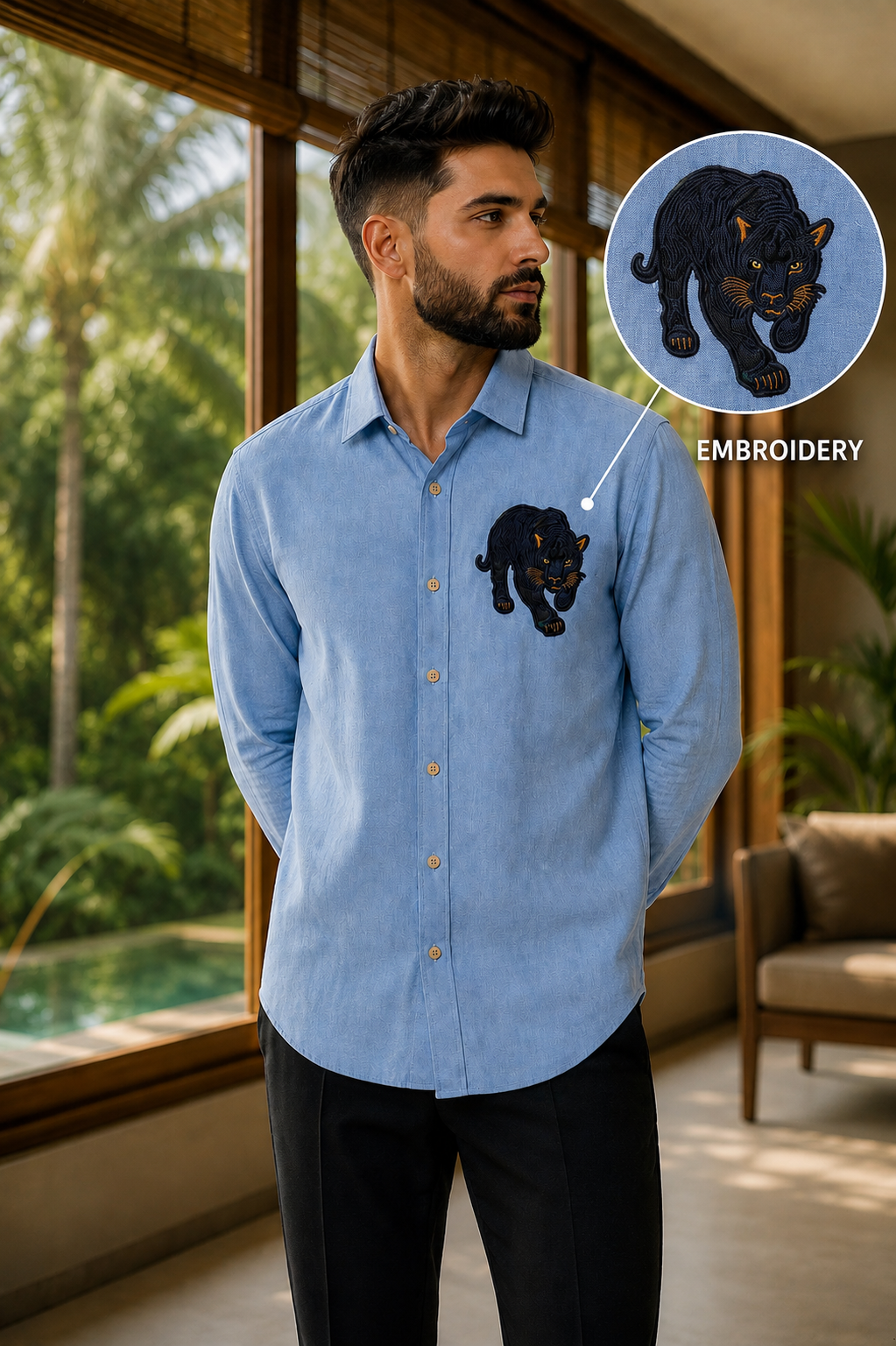 Riviera Midnight Panther Embroidered Shirt – Sky Blue