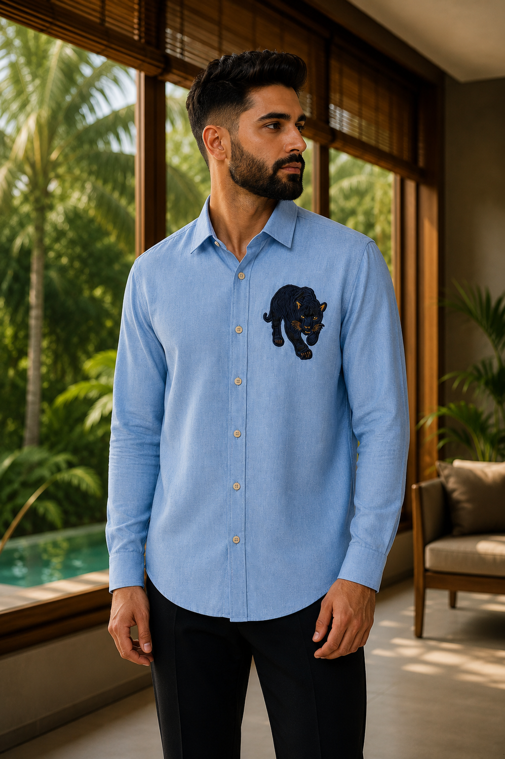 Riviera Midnight Panther Embroidered Shirt – Sky Blue