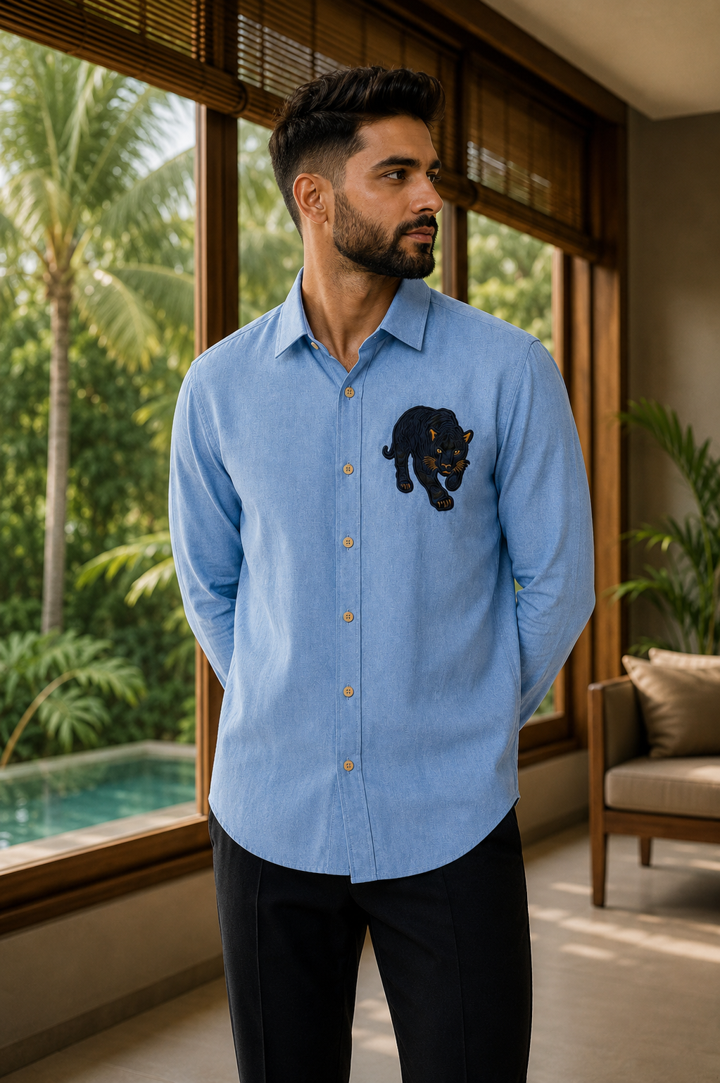 Riviera Midnight Panther Embroidered Shirt – Sky Blue