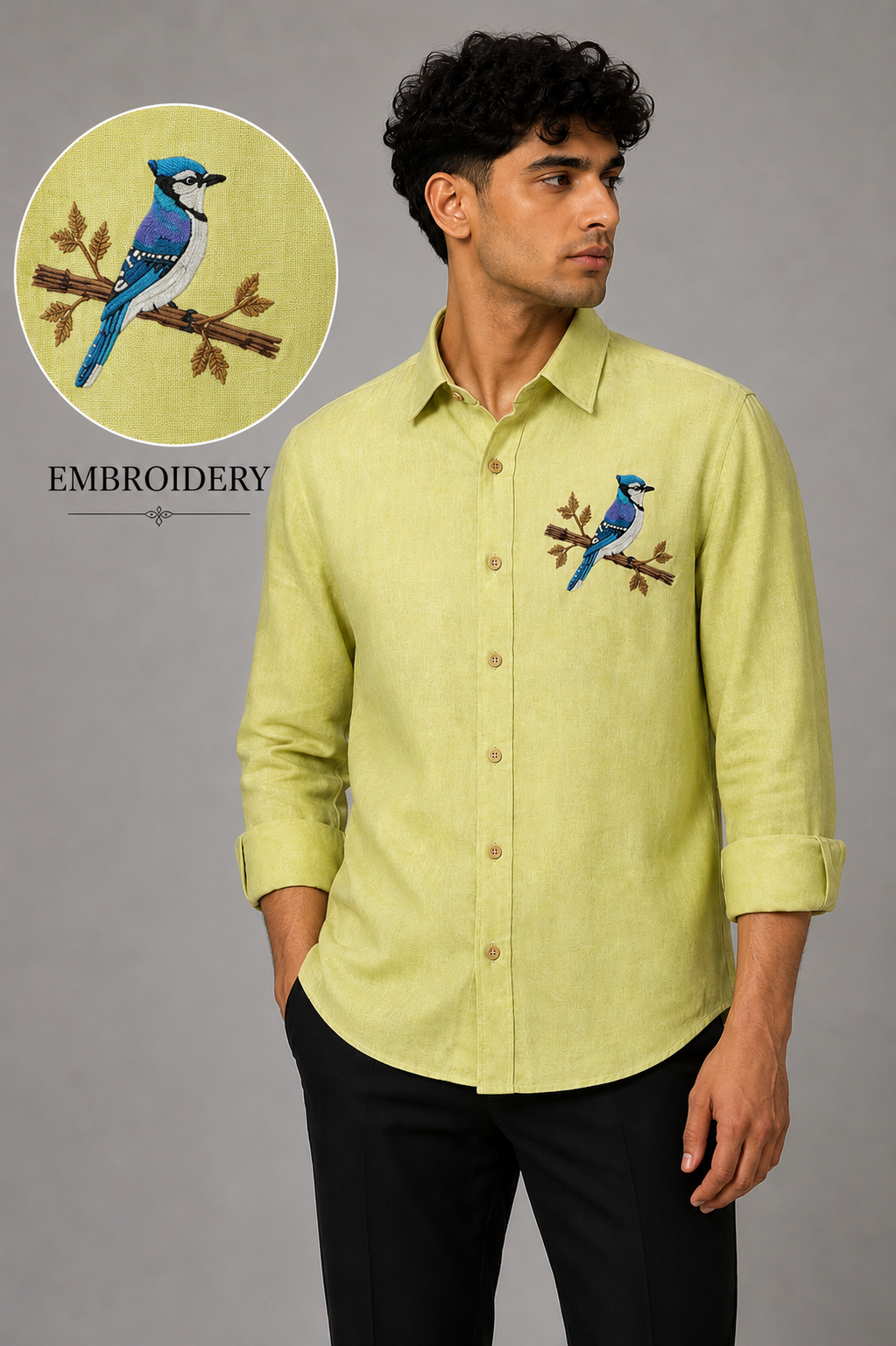 Azure Perch Embroidered Shirt – Pista Green