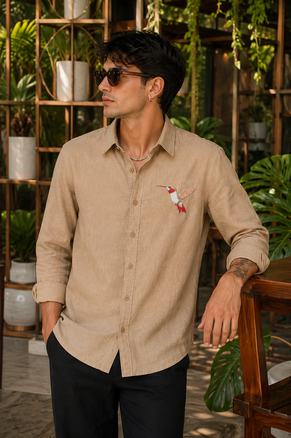 Riviera Urban Hummingbird Embroidered Shirt – Earth Brown
