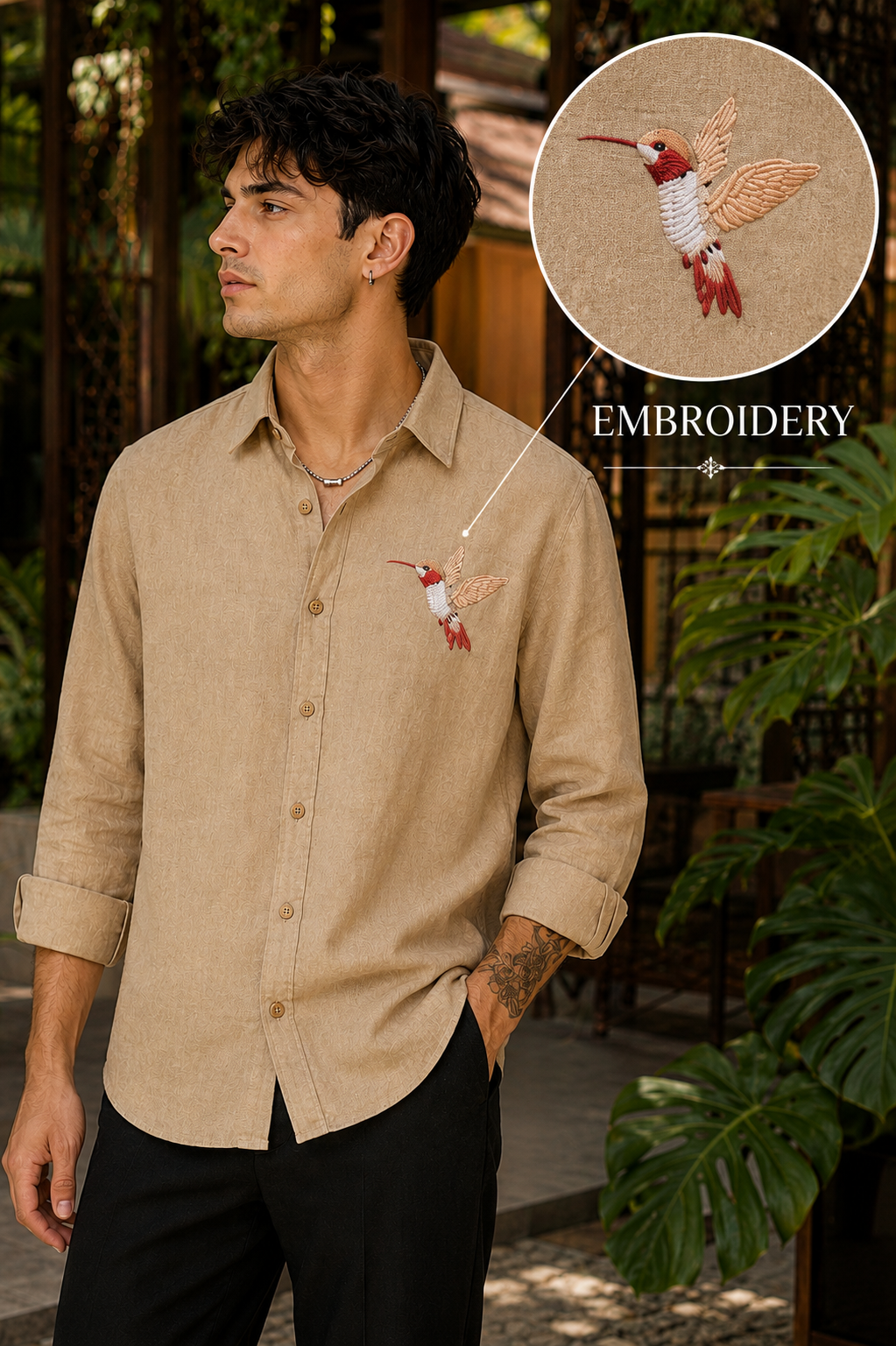 Riviera Urban Hummingbird Embroidered Shirt – Earth Brown