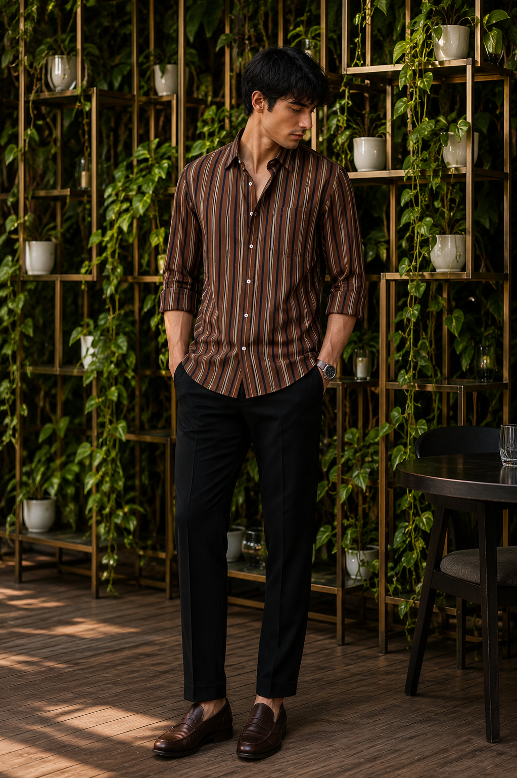 Men's Brown Striped Full Sleeve Shirt - Goamen
