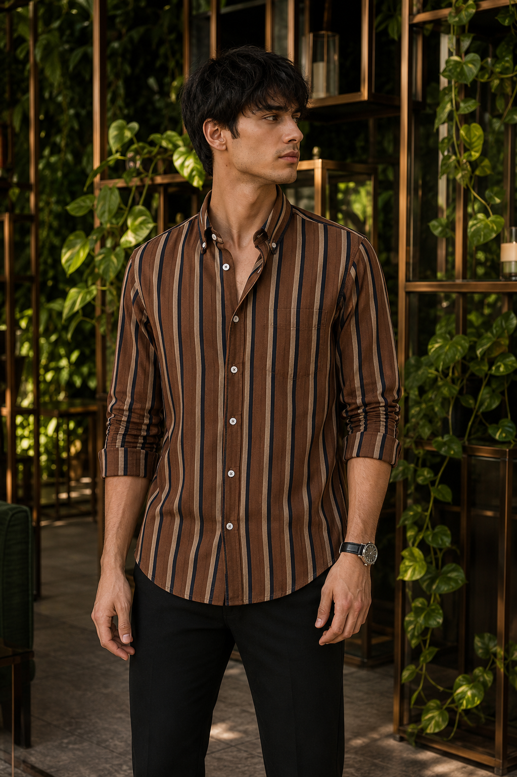 Men's Brown Striped Full Sleeve Shirt - Goamen
