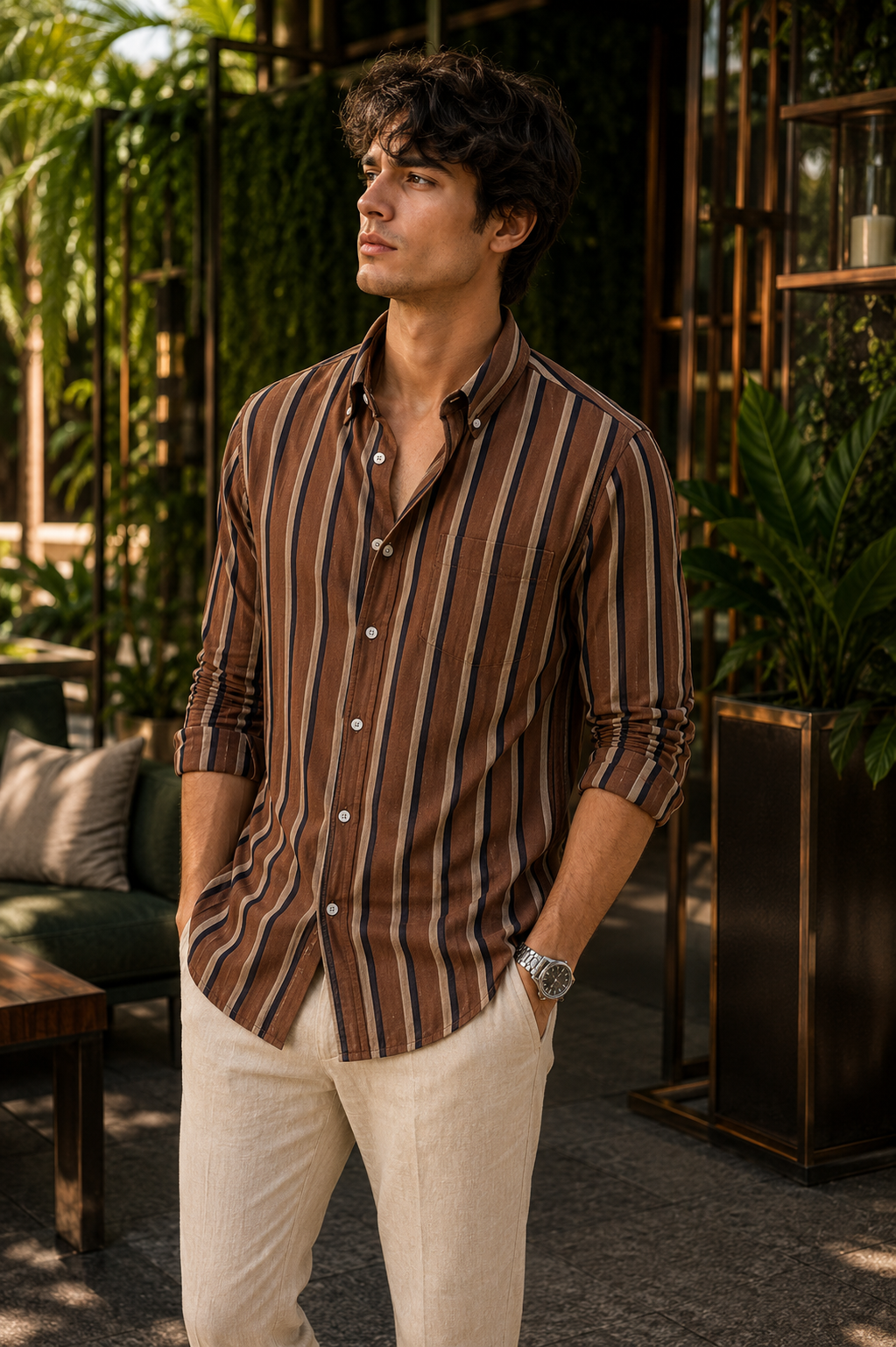 Men's Brown Striped Full Sleeve Shirt - Goamen