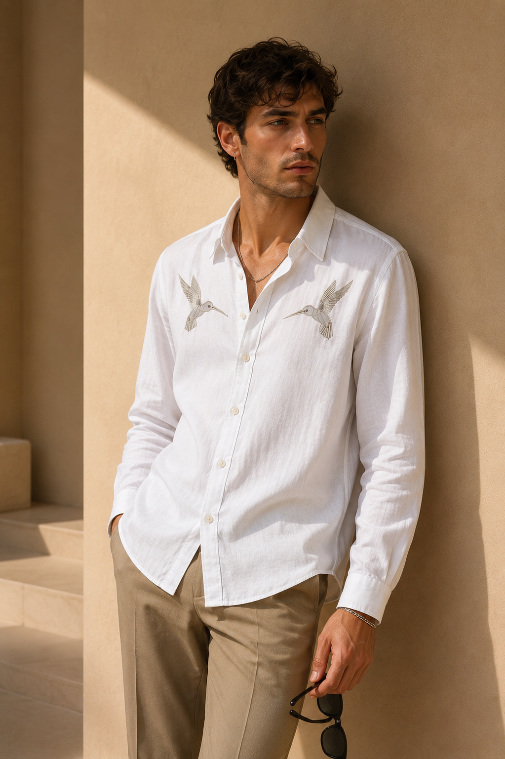 Goamen Riviera Twin Hummingbird Embroidered White Shirt