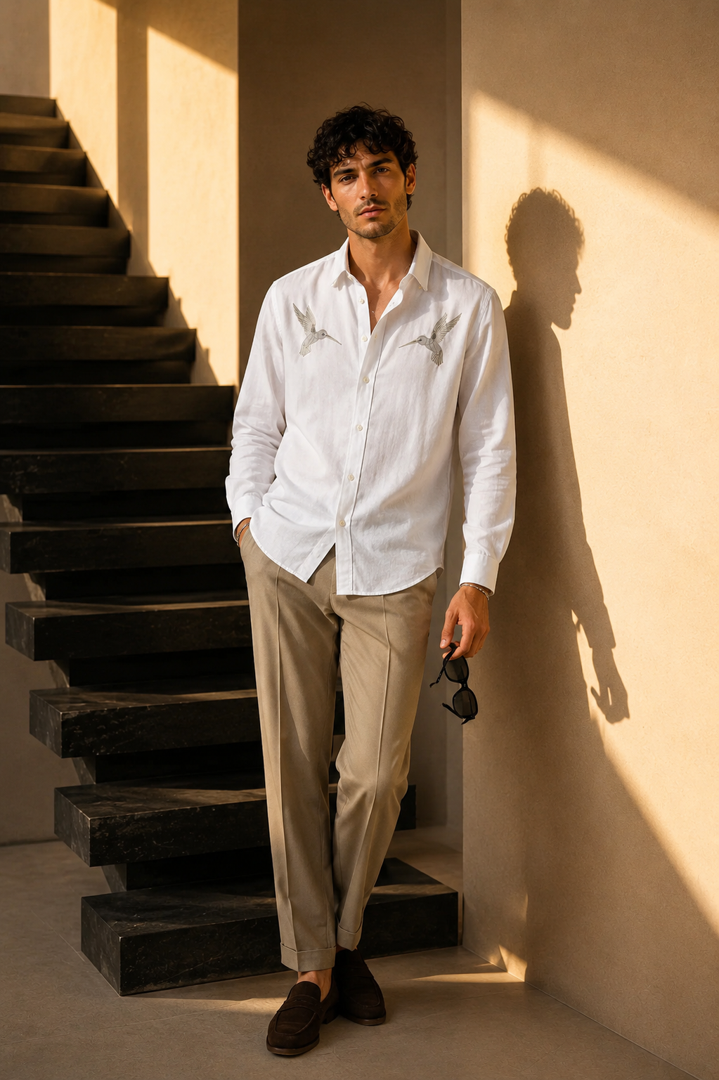 Goamen Riviera Twin Hummingbird Embroidered White Shirt