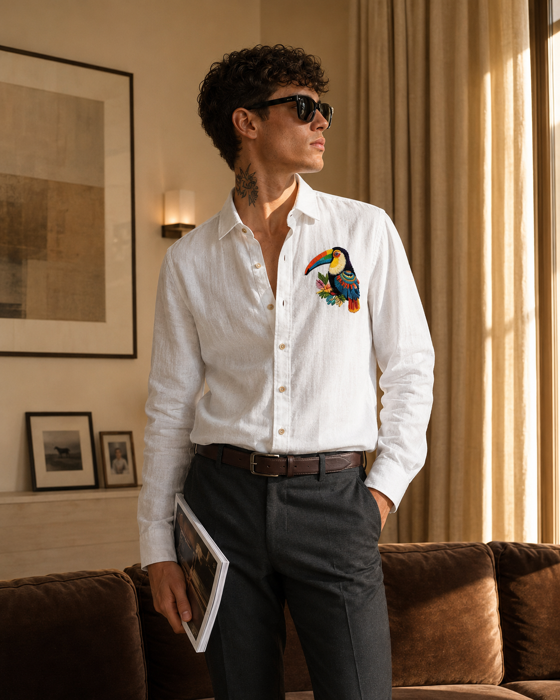 Goamen Tropical Toucan White Linen Shirt
