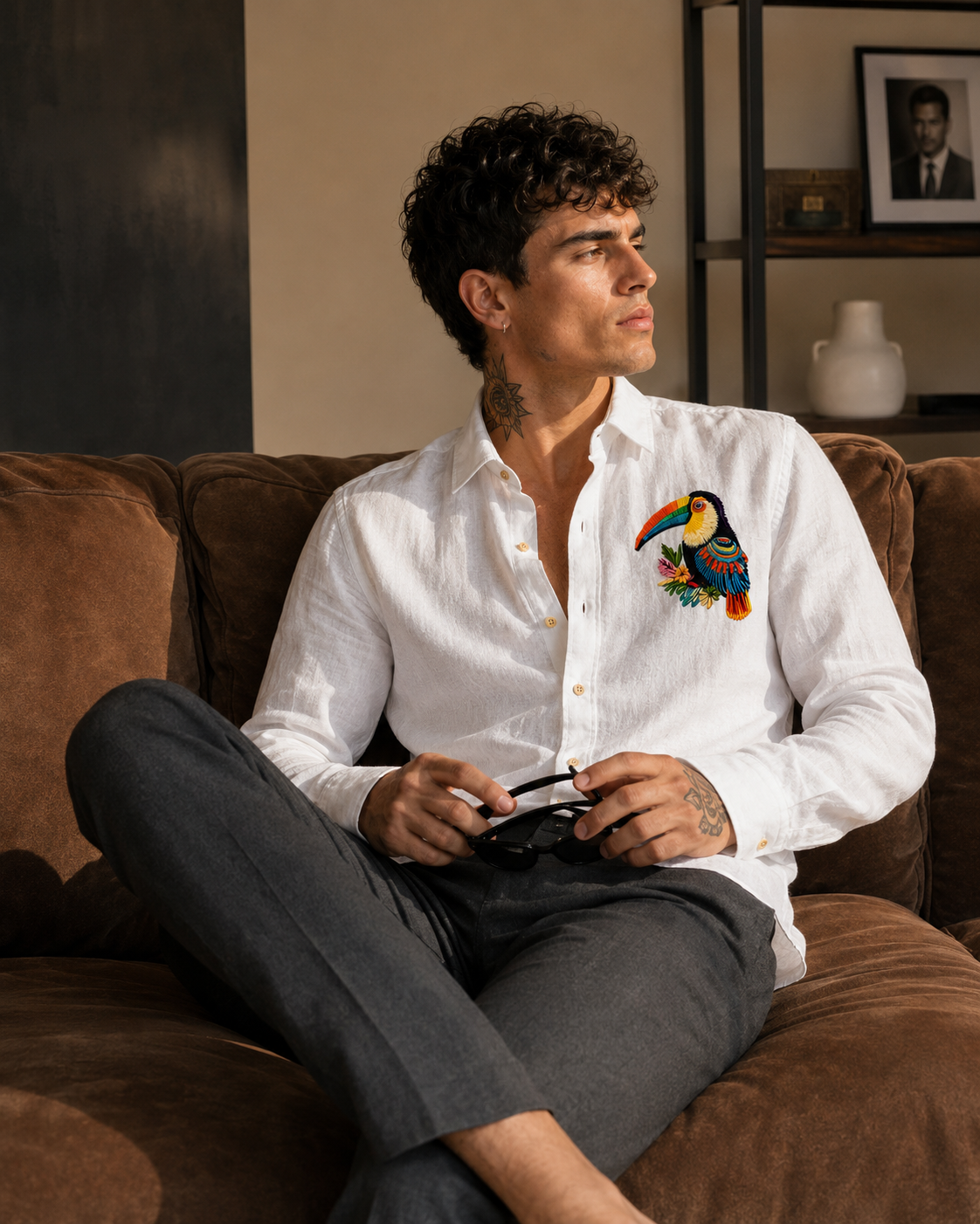 Goamen Tropical Toucan White Linen Shirt