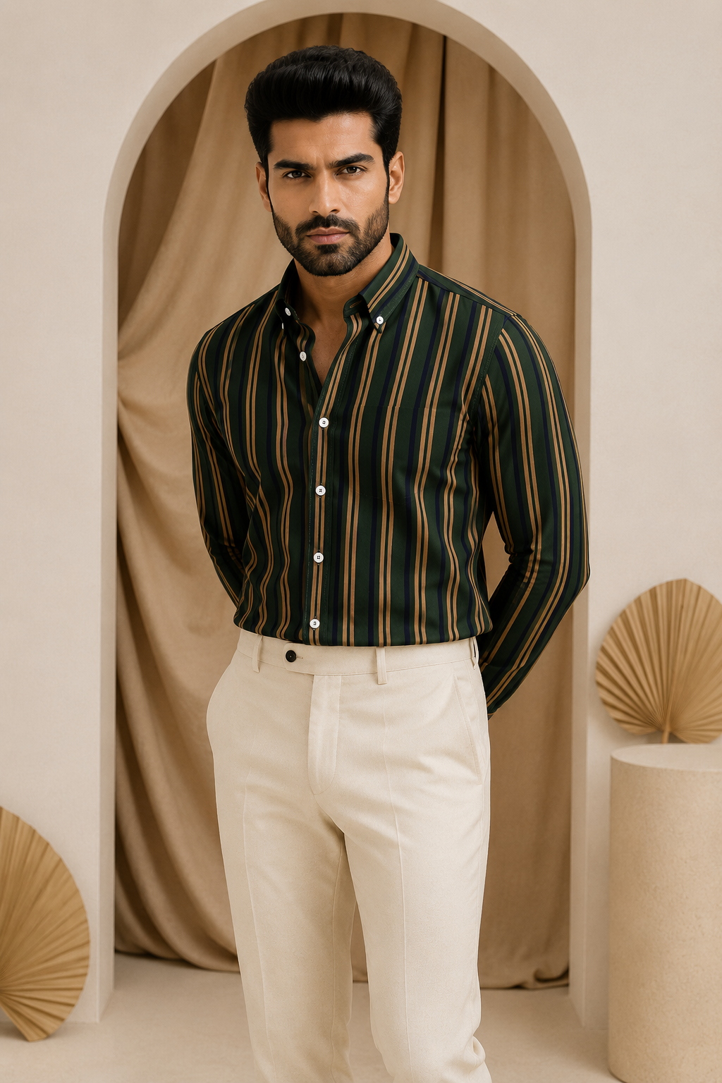 Men's Green Striped Full Sleeve Shirt - Goamen
