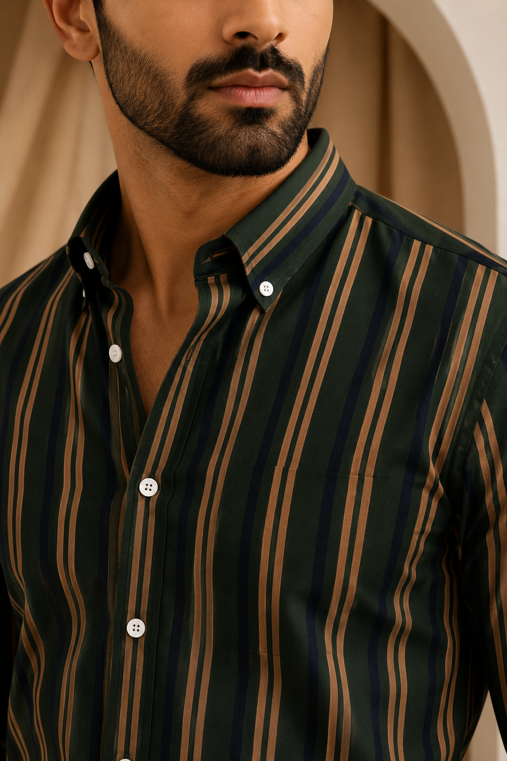 Men's Green Striped Full Sleeve Shirt - Goamen