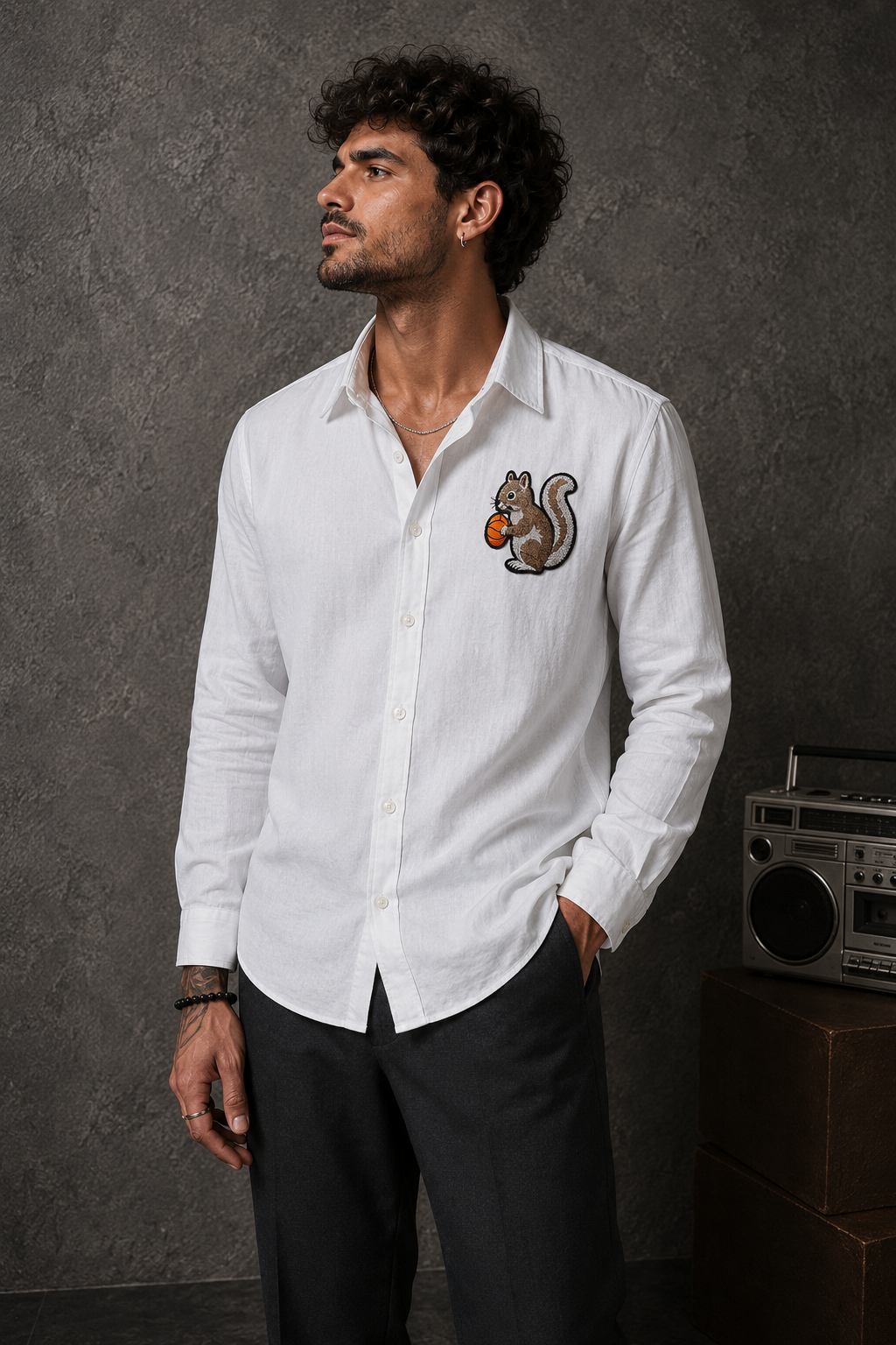 Goamen Nut Squirrel White Linen Shirt