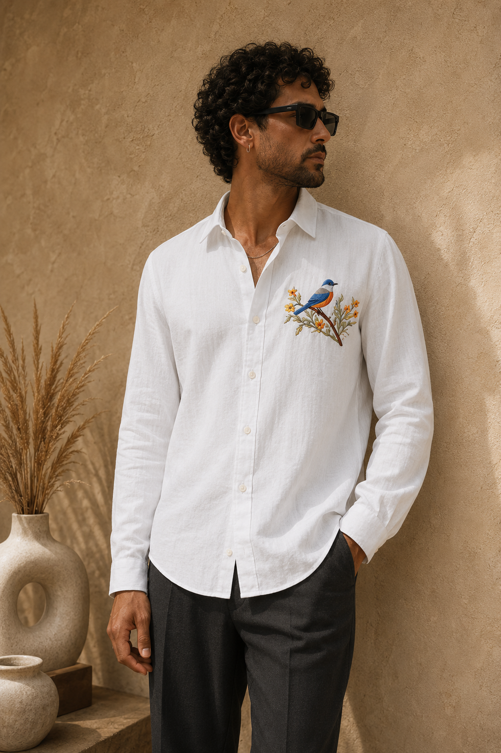 Goamen Blossom Bird White Linen Shirt