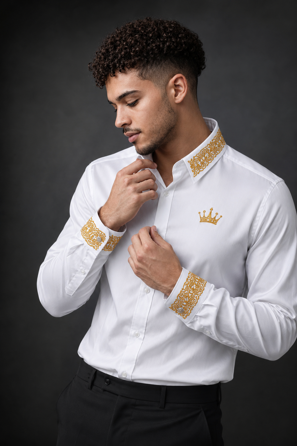 Royal Ivory Crown – White Luxury Embroidered Shirt