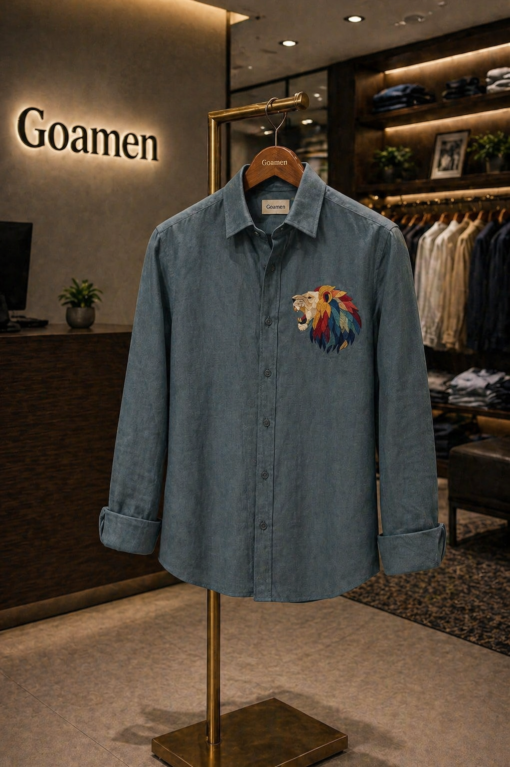Riviera Royal Lion Embroidered Shirt – Slate Grey