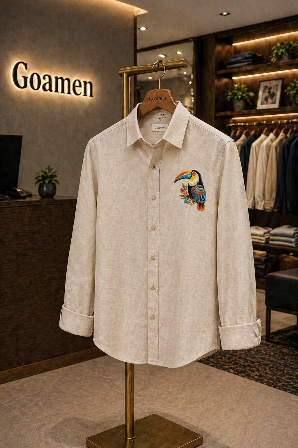 Tropical Toucan Embroidered Linen Shirt – Beige Edition