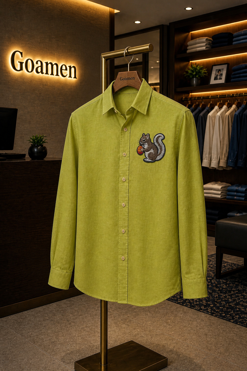 Nutcrest Squirrel Embroidered Shirt – Lime Green