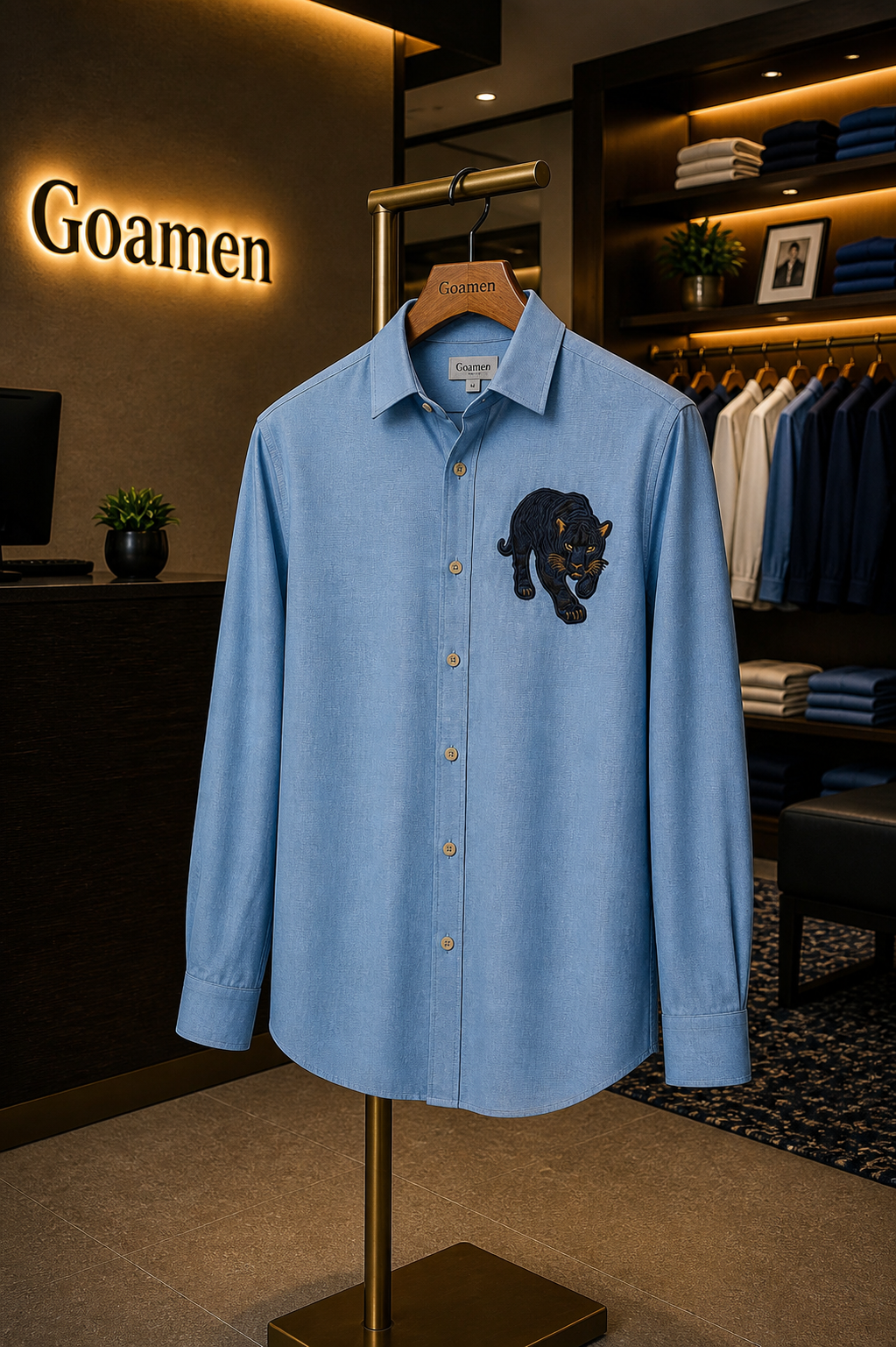 Riviera Midnight Panther Embroidered Shirt – Sky Blue