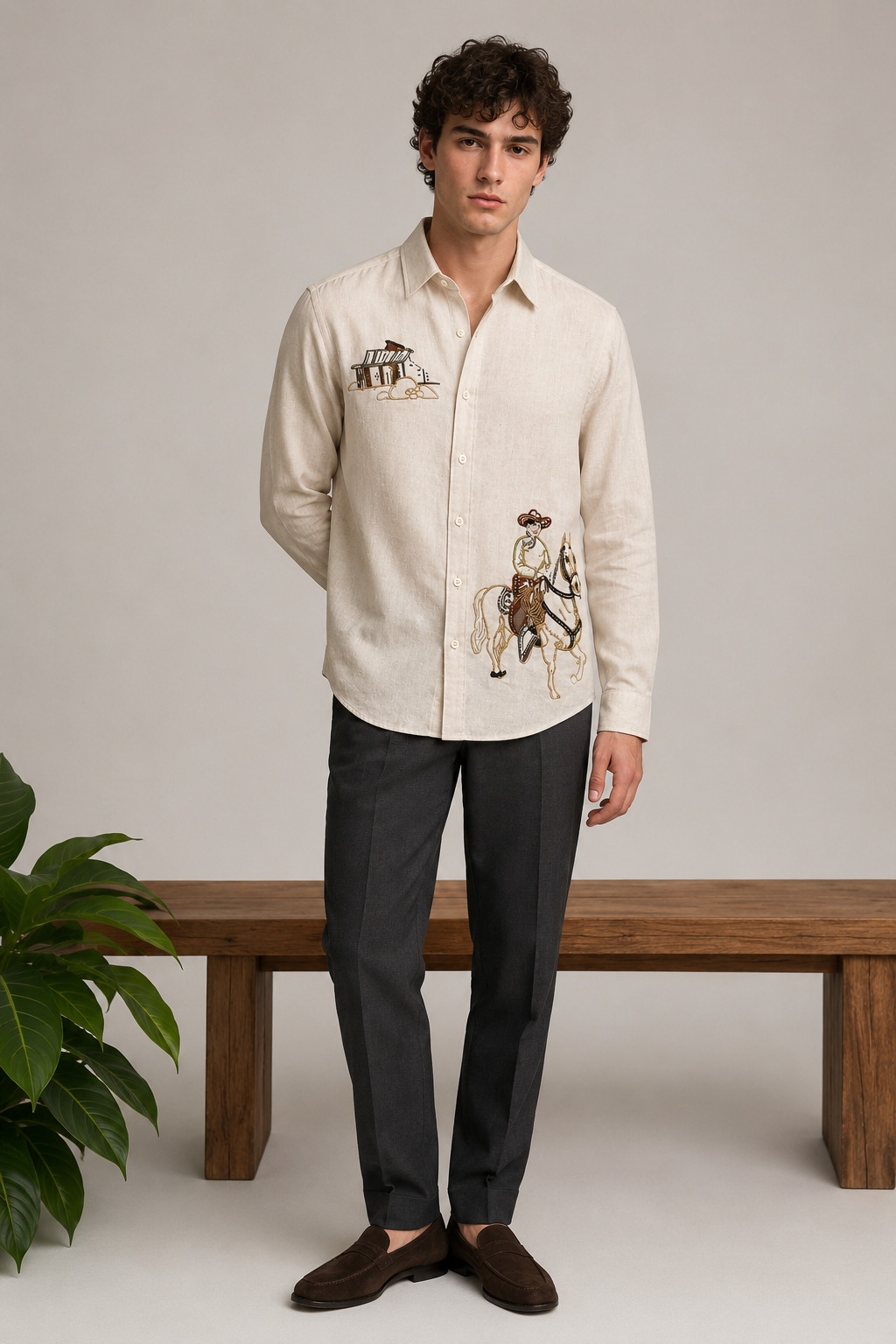 Goamen Heritage Beige Horse Rider Embroidered Linen Shirt