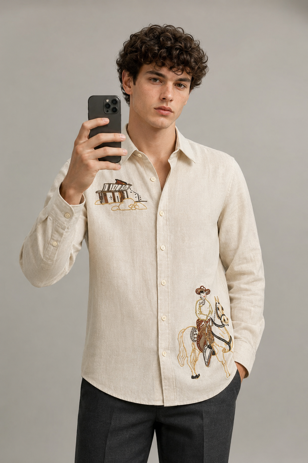 Goamen Heritage Beige Horse Rider Embroidered Linen Shirt